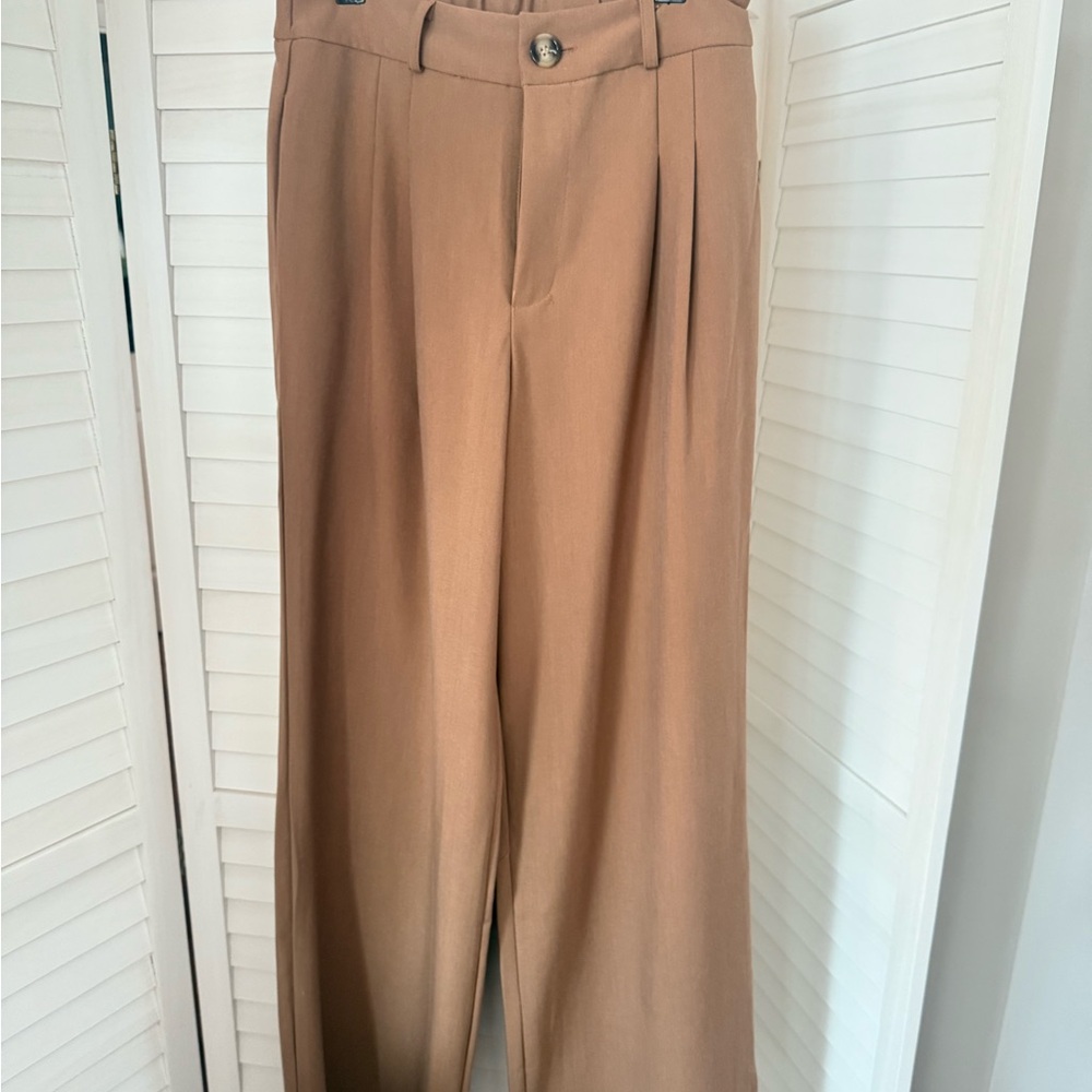 Tan Wide-Leg Trousers with Pleats